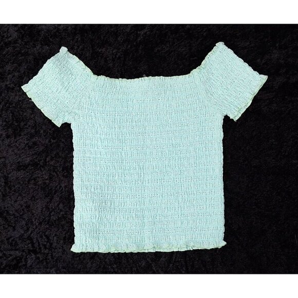 NWT BB Dakota by Steve Madden Light Green Cotton Smocked Off the Shoulder Top/Sz - Picture 2 of 4